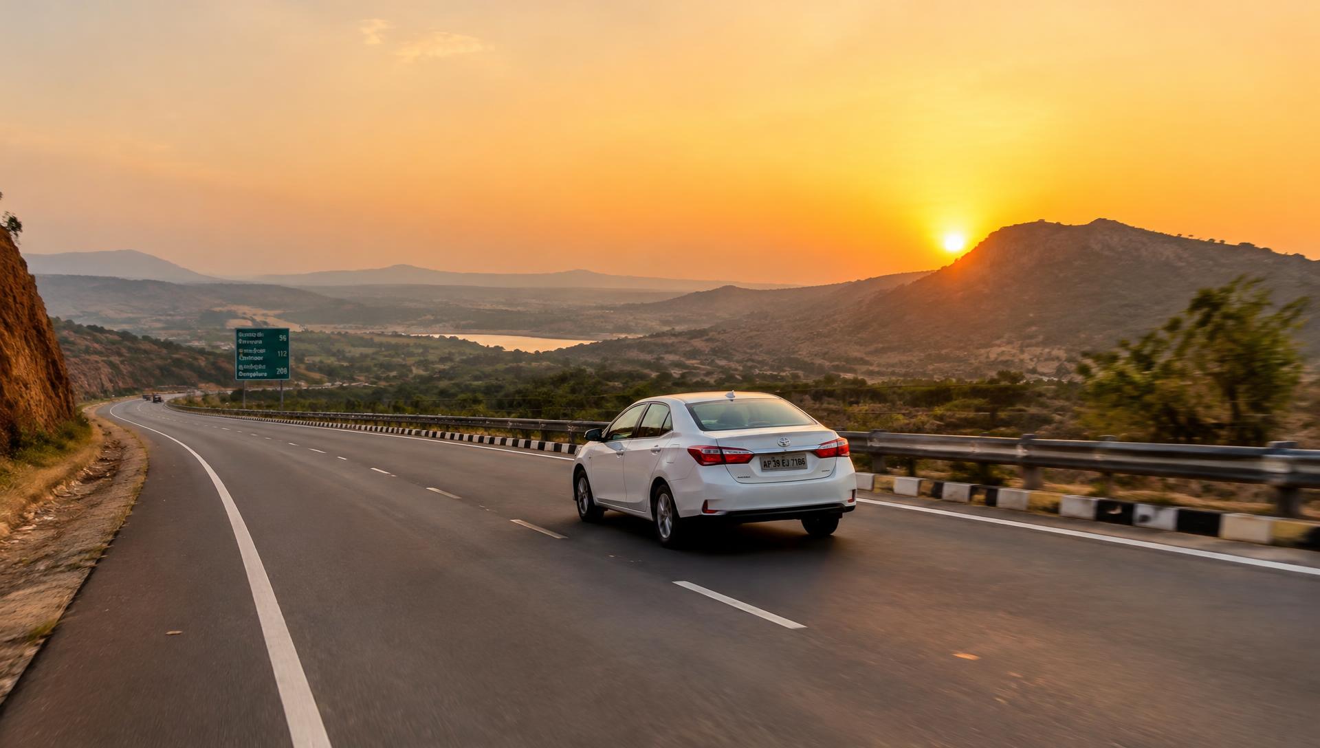 White sedan driving on a hill highway in Andhra Pradesh at sunset